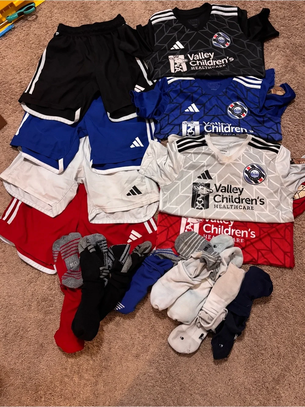 adidas Kids Soccer Jersey & Shorts Bundle - Black, Blue, Gray, Red, White